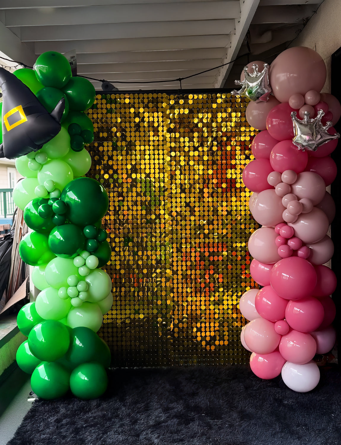 Pink and Green Balloons Arch Kit - Witch Balloon Arch Kit, Multi-Size Pink and Green Balloons with Foil Fringe Curtains Witch Hat Crown Explosion Star Broom Balloon for Birthday Party Decor