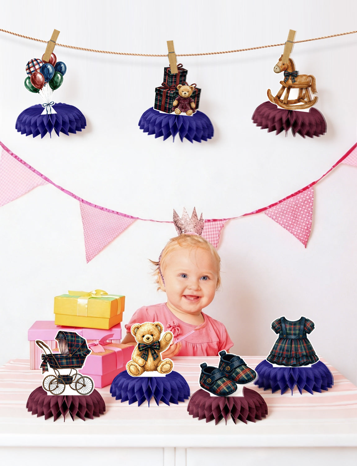 Teddy Bear Baby Shower Table Decorations, Tartan Plaid Centerpieces 9 Pcs Teddy Bear Centerpieces for Tables, 3D Rocking Horse Honeycomb Centerpieces for Baby Girl Shower, Gender Reveal Party