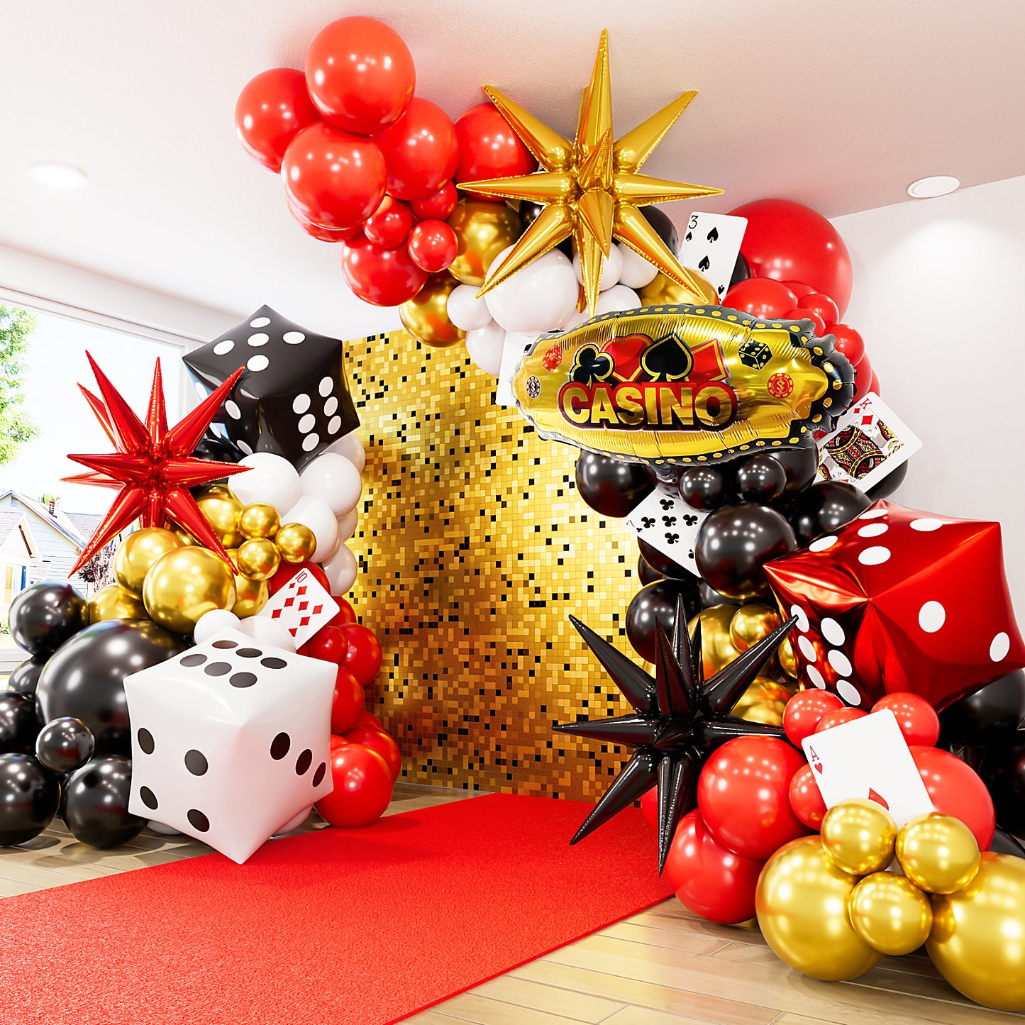 Adeyoo Casino Balloon Arch Garland Kit,149Pcs Casino Balloons Set Red Black and Gold Balloons with Dice, Starburst Foil Balloons for Casino Birthday Las Vegas Game Night Poker Theme Party Decorations