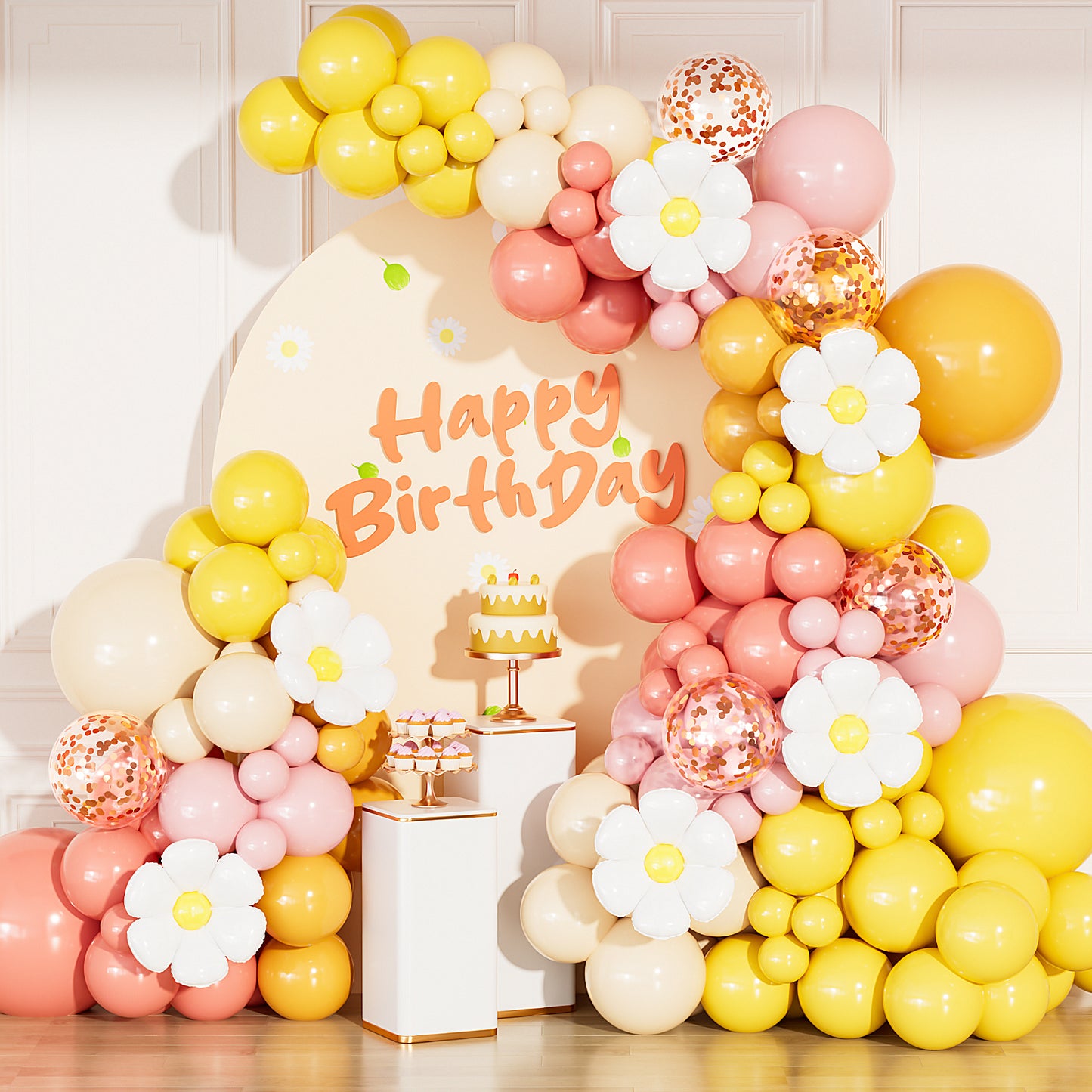 Adeyoo Boho Daisy Balloon Arch Garland Kit, 136Pcs Groovy Balloons Set with Pink Yellow Orange Nude Balloons, Daisy Flower Foil Balloons for Two Groovy Birthday Baby Shower Wedding Party Decorations