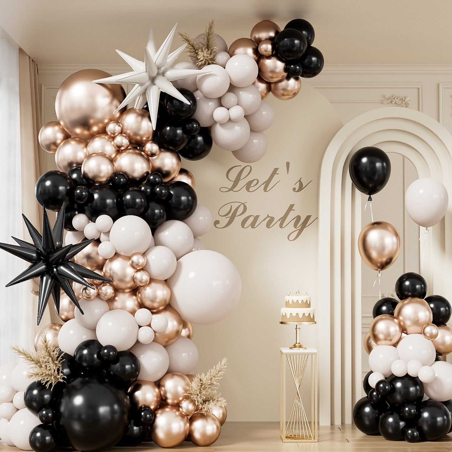 Adeyoo Black Gold White Balloon Arch Kit Garland - 125 Pcs Black and Gold Balloon Arch with Star Balloons Metallic Champagne White Balloons for Birthday Wedding Baby Showers Boho Party Decorations