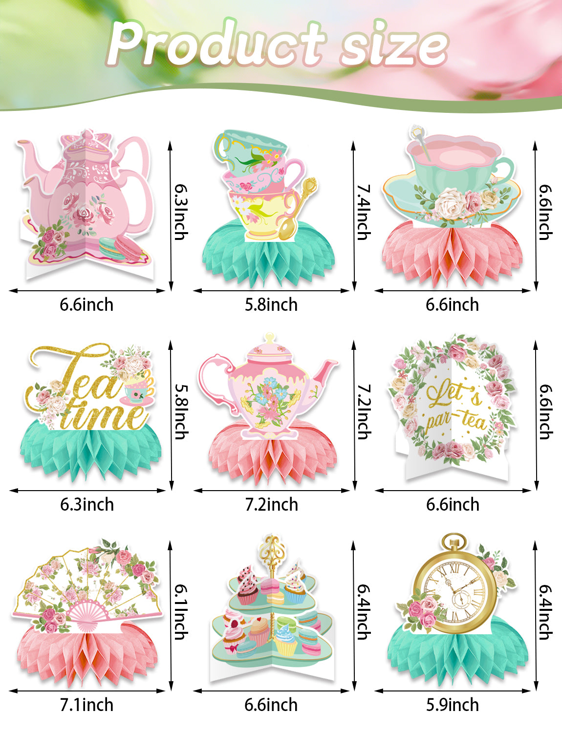 Tea Party Decorations, 9 Pcs Tea Party Table Decorations for Girls | 3D Tea Party Centerpieces for Tables, Floral Teapot Honeycomb Centerpieces for Birthday, Baby Shower Spring Party Supplies