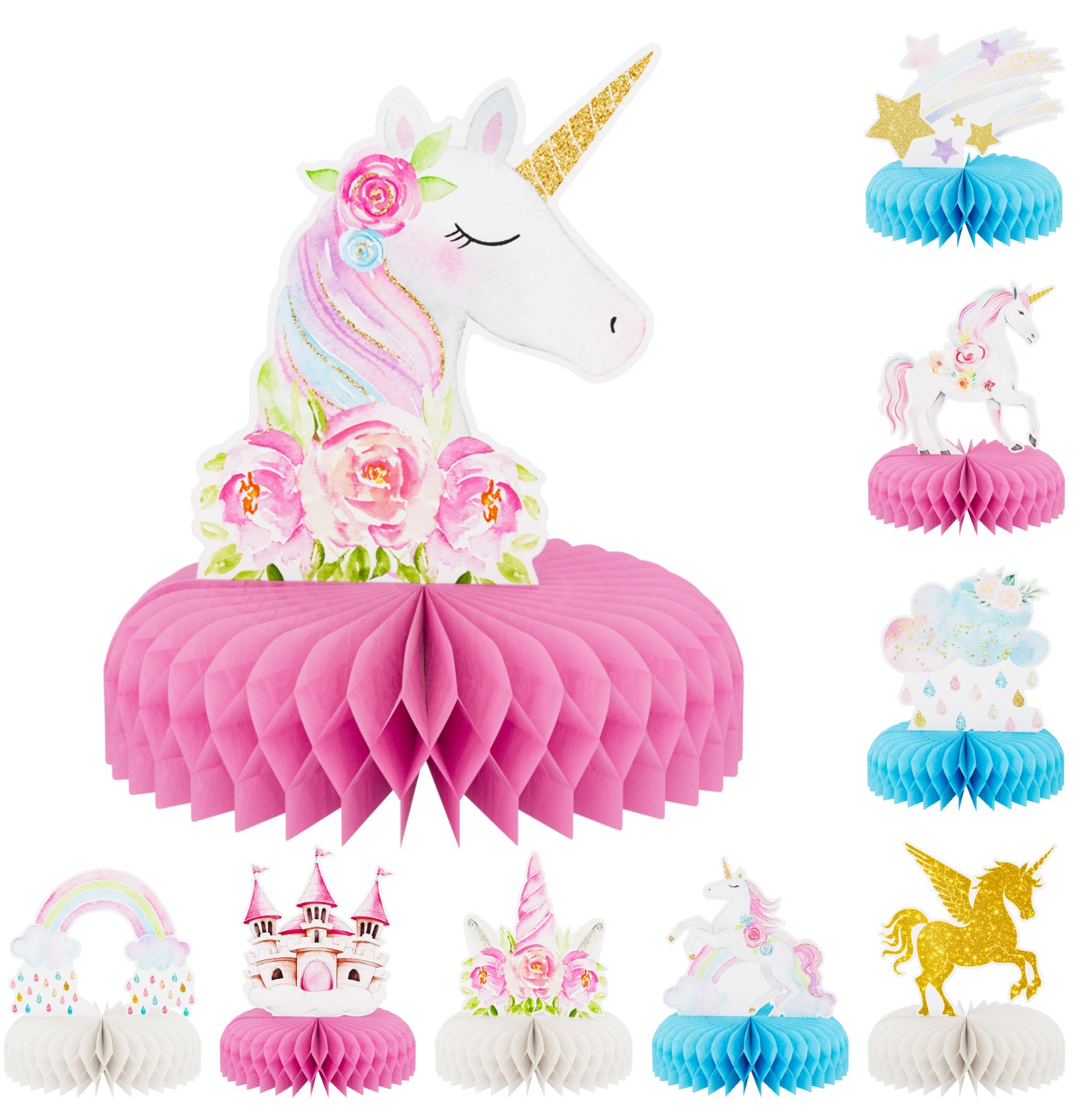 Adeyoo 9 PCS Unicorn Rainbow Honeycomb Centerpieces,Unicorn Centerpiece for Table Birthday Party Decorations Pastel Table Topper Centerpiece for Girls Princess Theme Birthday Baby Shower Party Decor