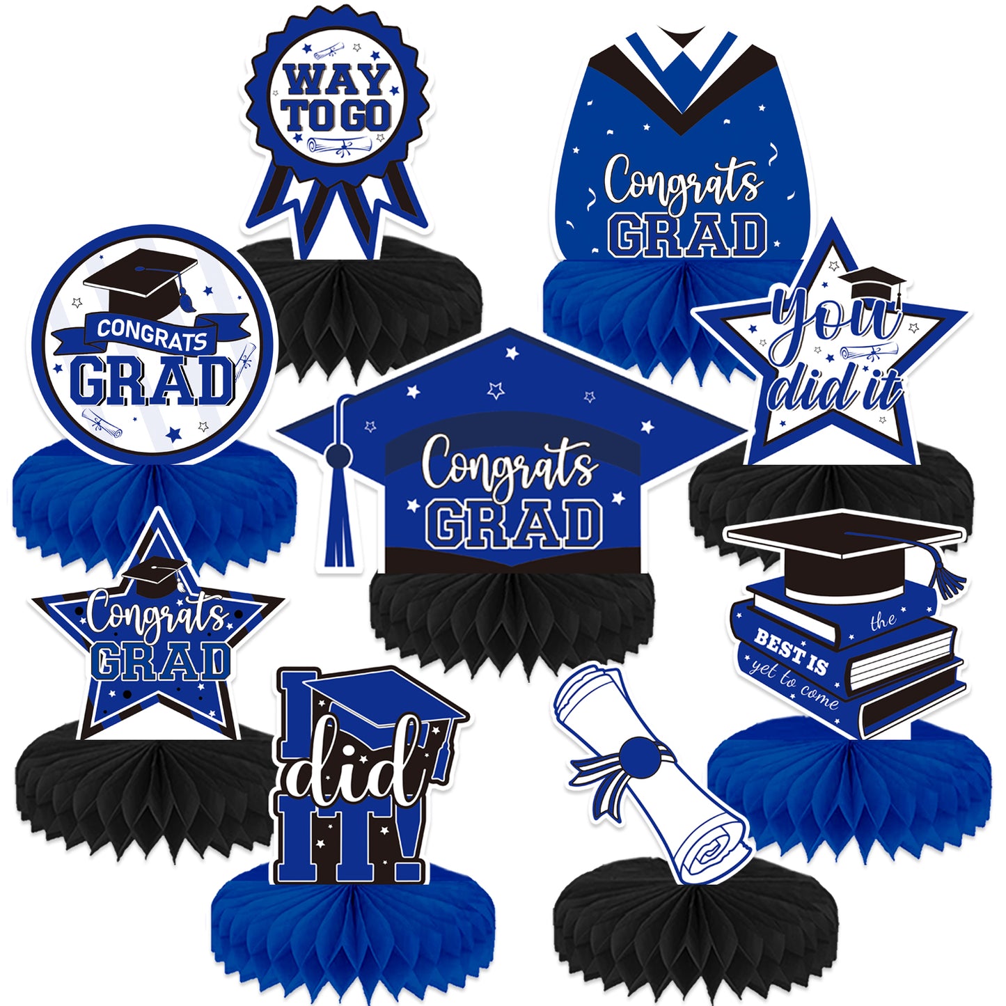 Adeyoo 9Pcs Graduation Table Decorations, Blue and Black Graduation Centerpieces for Tables Congrats Grad Honeycomb Centerpieces Congratulate Table Toppers Grad Party Decorations, Class of 2025 Decor