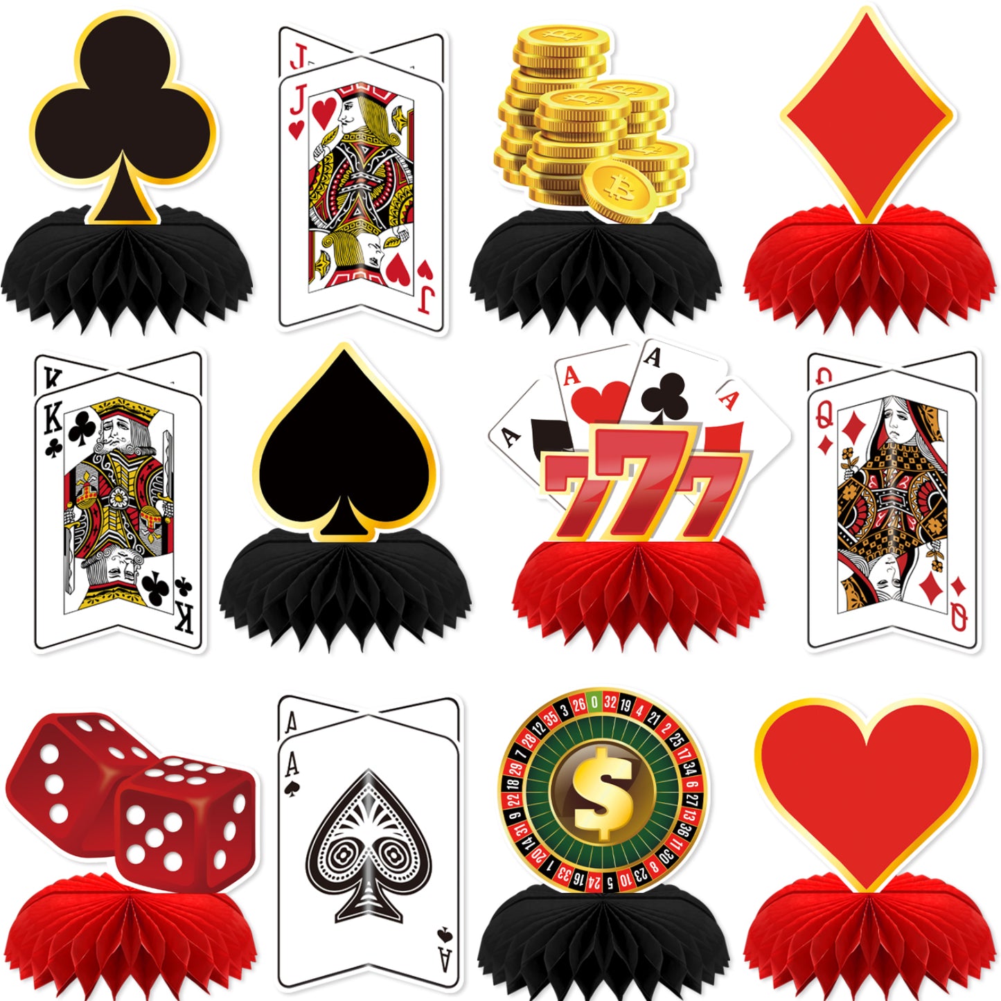 Adeyoo 12Pcs Casino Theme Party Decorations,Casino Centerpieces for Tables 3D Red Black Honeycomb Centerpieces Topper Poker Party Decorations for Birthday Game Night Casino Poker Party Supplies