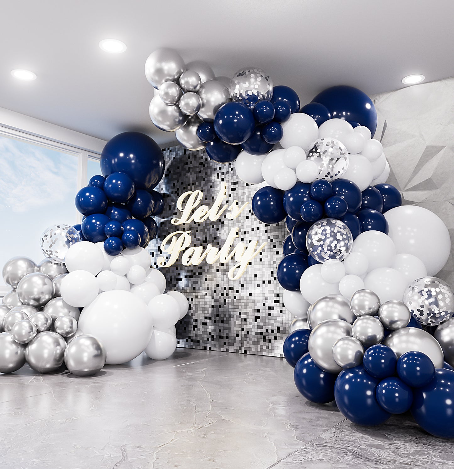 Navy Blue and Silver Balloon Arch Kit Garland - 134Pcs Blue and Silver Balloon Arch Kit, Navy White Balloons with Silvery Confetti Balloons for Birthday Baby Shower Wedding Graduation Party Decoration
