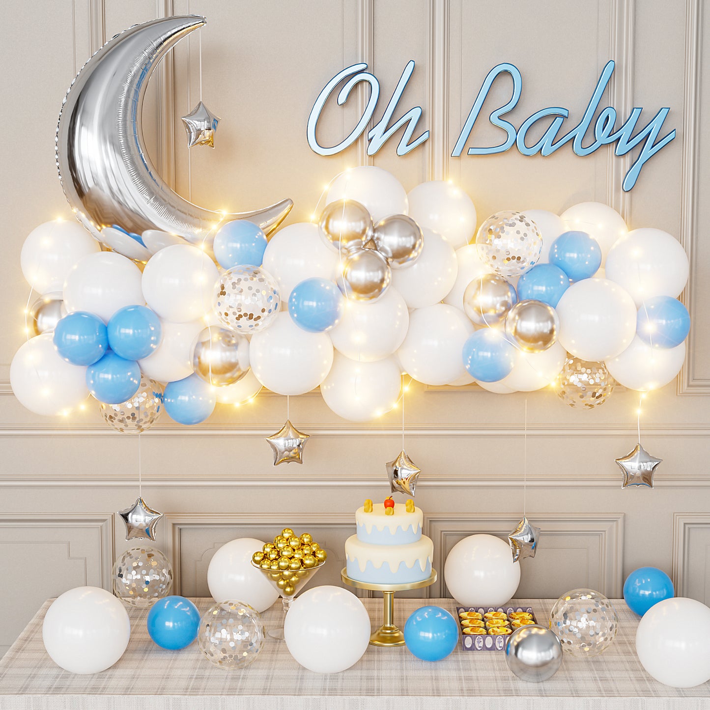 Adeyoo Blue White and Silver Balloons, 58Pcs Silver and White Decorations with String Lights, Light Blue, Confetti Balloon Big Moon Star Foil Balloon for Boys Girls Baby Shower Birthday Party Supplies