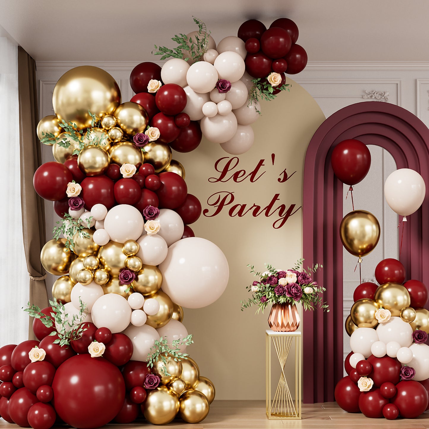 Adeyoo Burgundy Balloons Arch Kit Garland - 128 Pcs Wine Red Balloon Arch with Maroon White Balloon Glitter Gold Latex Balloons for Ruby Wedding Anniversary Birthday Prom Party Decorations