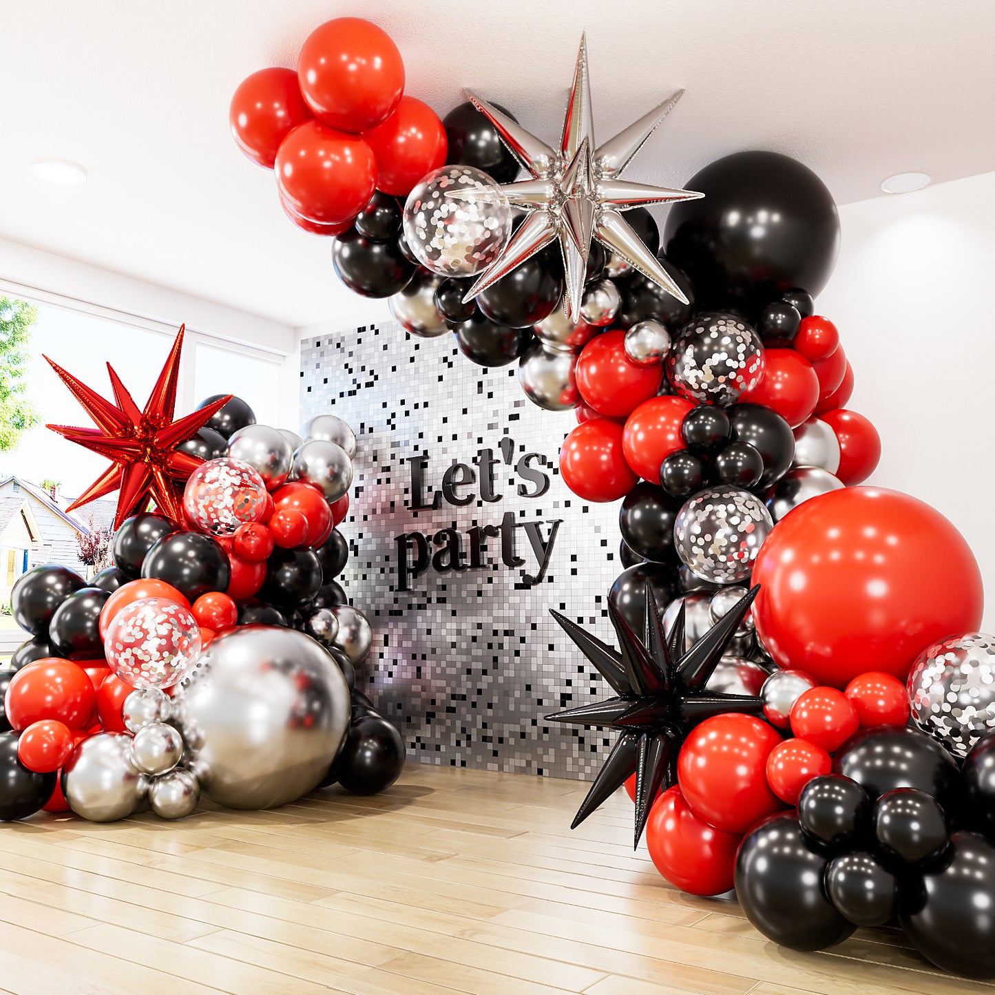 Adeyoo Red and Black Balloon Arch Kit Garland - Red Black Silver Balloons Arch Kit with Explosion Star Balloons, Confetti Latex Balloon for Birthday Poker Card Anniversary Graduation Party Decorations