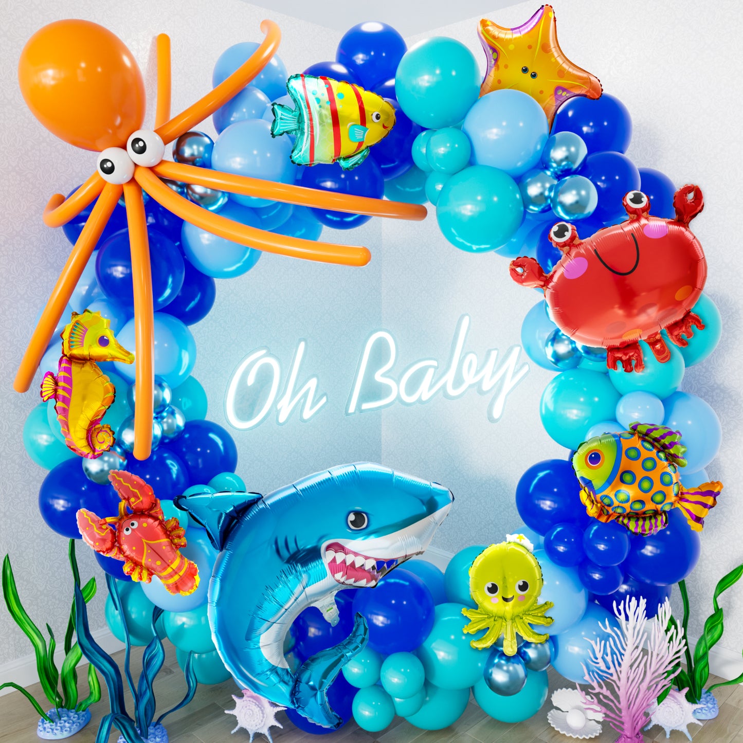 Adeyoo Under The Sea Balloon Arch Garland Kit, 154Pcs Ocean Themed Party Decorations with Blue Balloons, Marine Animals Foil Balloons for Ocean Theme Birthday Baby Shower Wedding Party Supplies