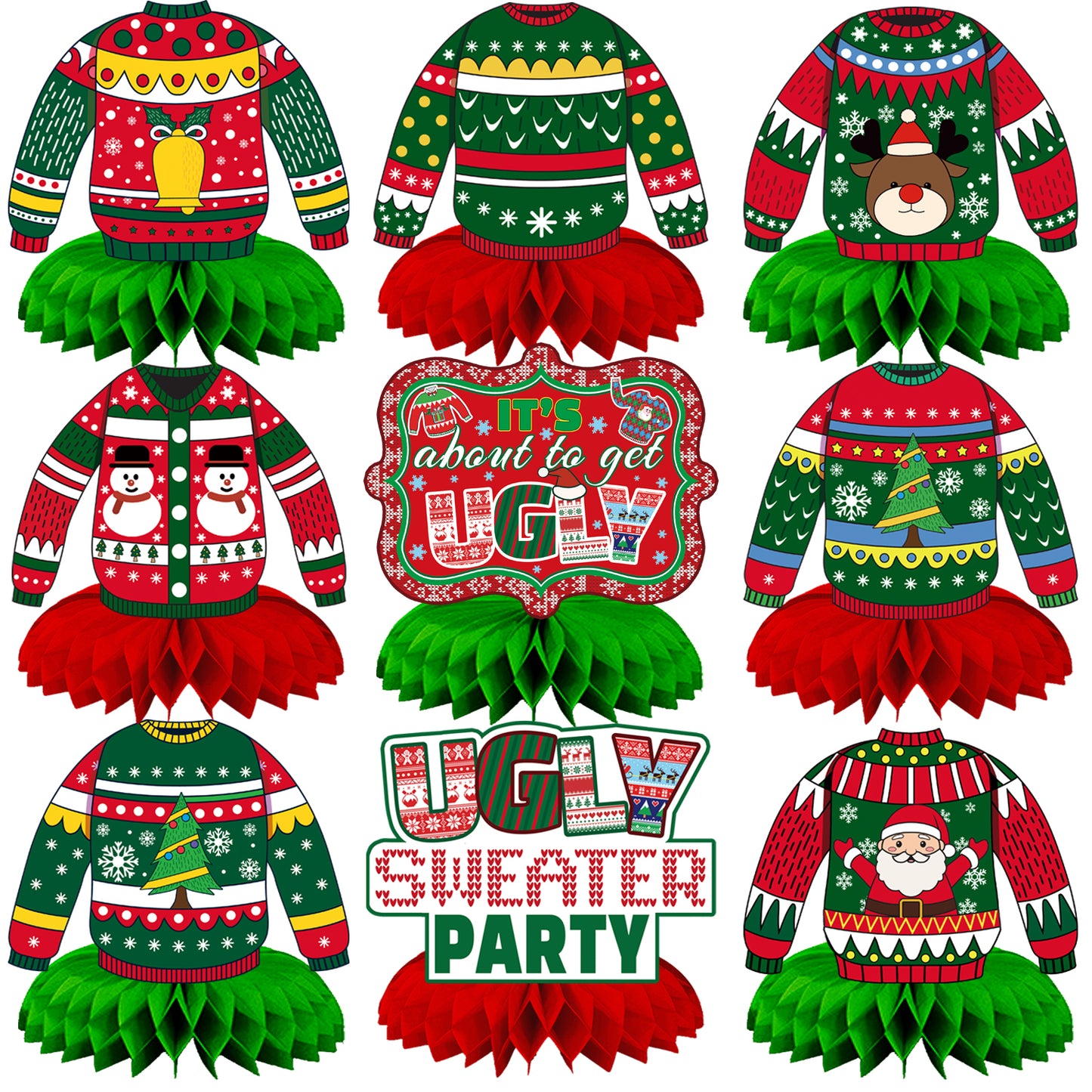 Ugly Sweater Christmas Honeycomb Centerpiece,9Pcs Christmas Table Centerpieces,Ugly Sweater Decorations 3D Xmas Table Topper Christmas Party Centerpieces for Xmas Holiday Party Supplies