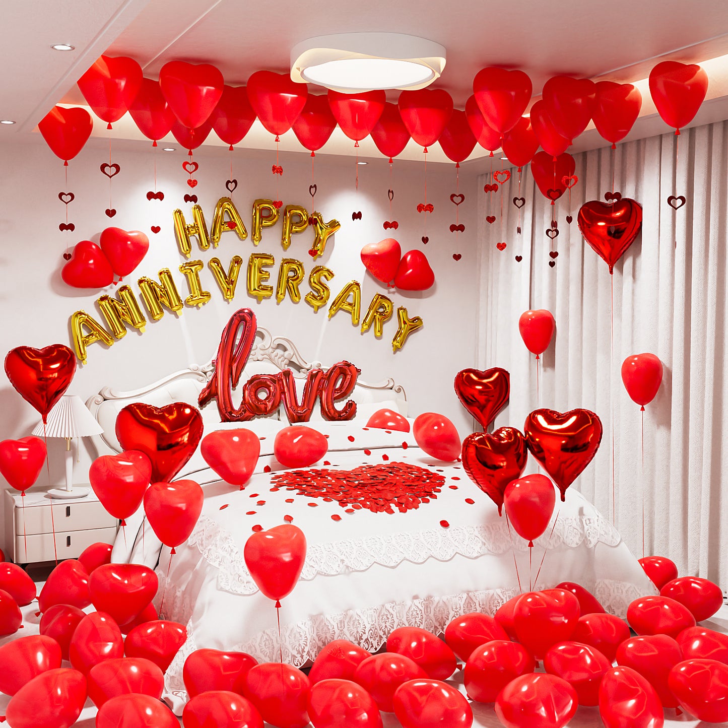 Adeyoo Anniversary Balloons Decorations,Happy Anniversary Banner,Red Heart Shaped Balloons,Large Love Balloons,Rose Petals,Latex Balloons for Romantic Nigh Anniversary Valentines Day Party Supplies