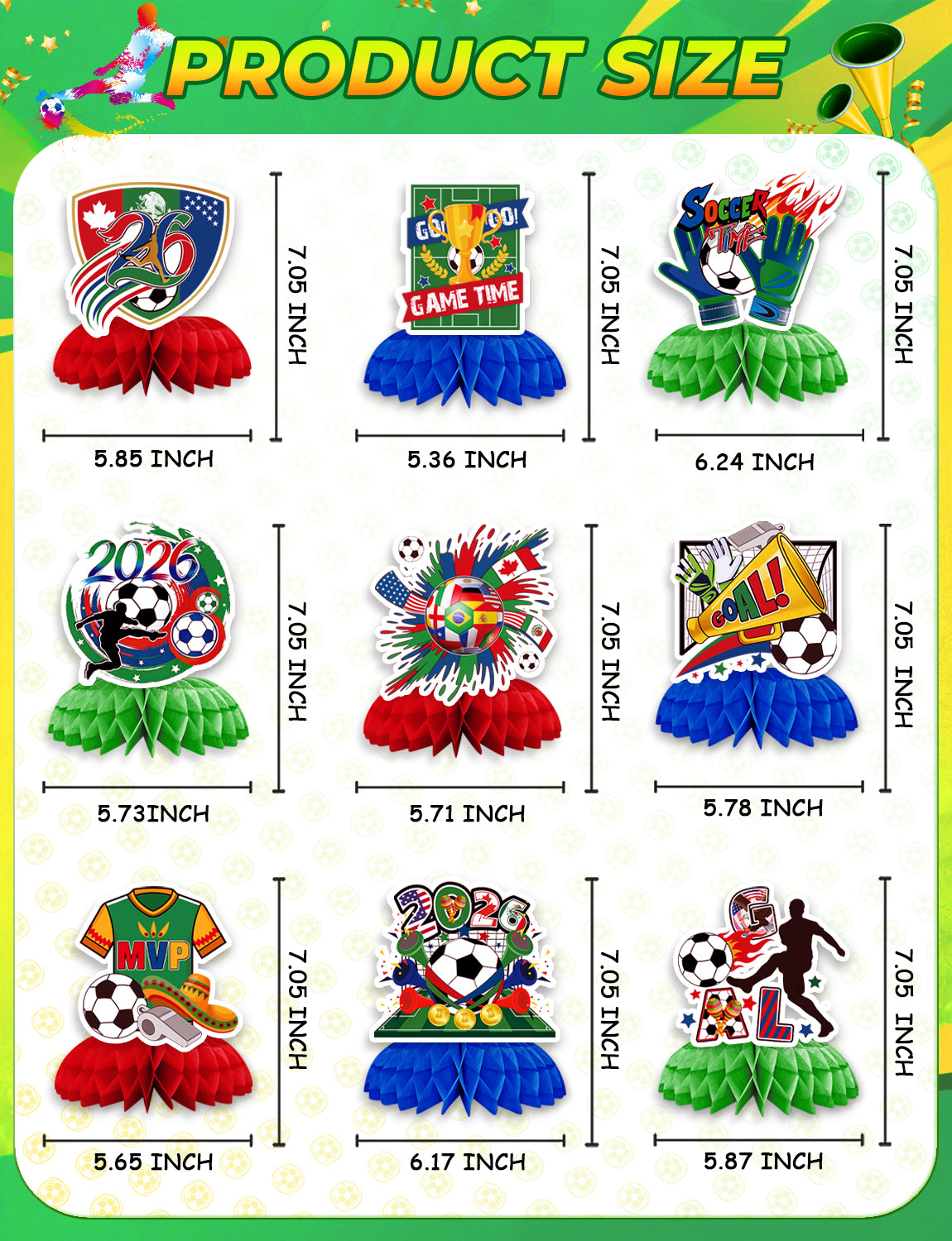 Soccer Table Decorations, 9PCS Soccer Centerpieces for Table, Green Red Blue Honeycomb Centerpieces, 3D Sports Themed Party Decorations for Game Day, Birthday & Sports Watch Party Supplies