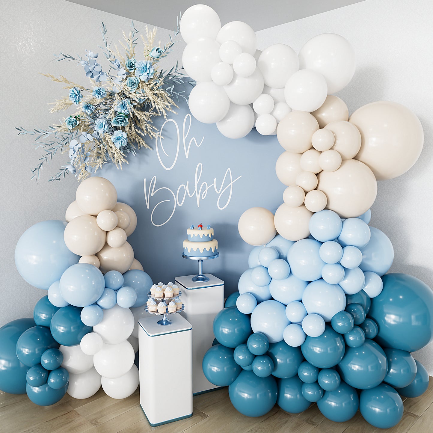 Adeyoo Dusty Blue Balloon Garland Arch Kit, 132Pcs Baby Blue Balloon Arch with Dusty Blue, Baby Blue, White Balloons Latex Balloons for Baby Shower Boy Birthday Gender Reveal Party Decorations