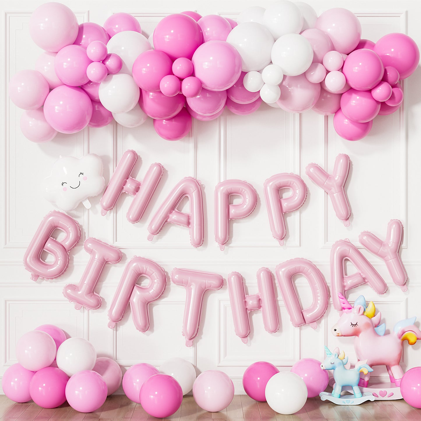 Pink Happy Birthday Decorations, 84Pcs Pink and White Balloons with Happy Birthday Balloon Banner,Cloud Balloons Foil Balloons Latex Balloons for Women Girls Birthday Princess Party Supplies
