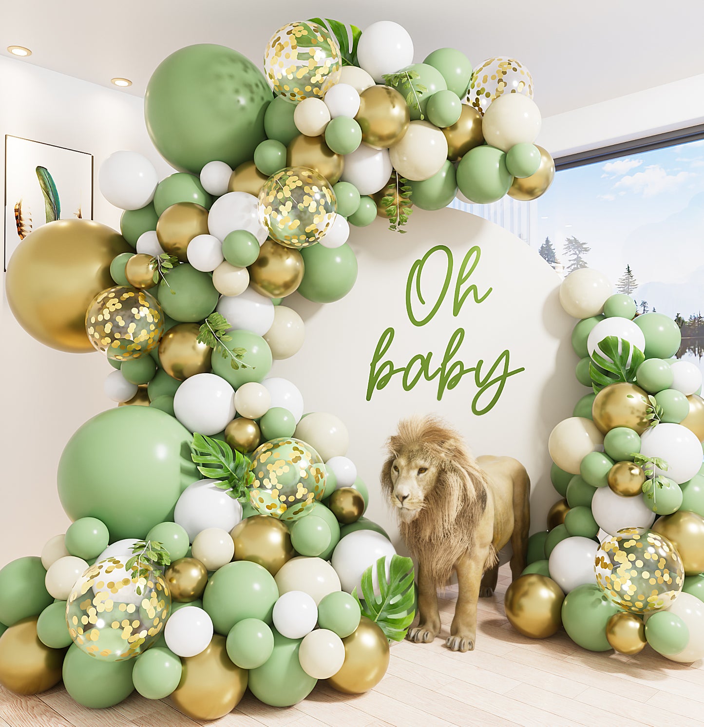 Sage Green Balloon Garland Arch Kit,136Pcs Latex Balloons Green and White Balloons Metallic Gold Confetti Balloons Different Sizes 18 10 5 Inch for Birthday Baby Shower Jungle Safari Party Decorations