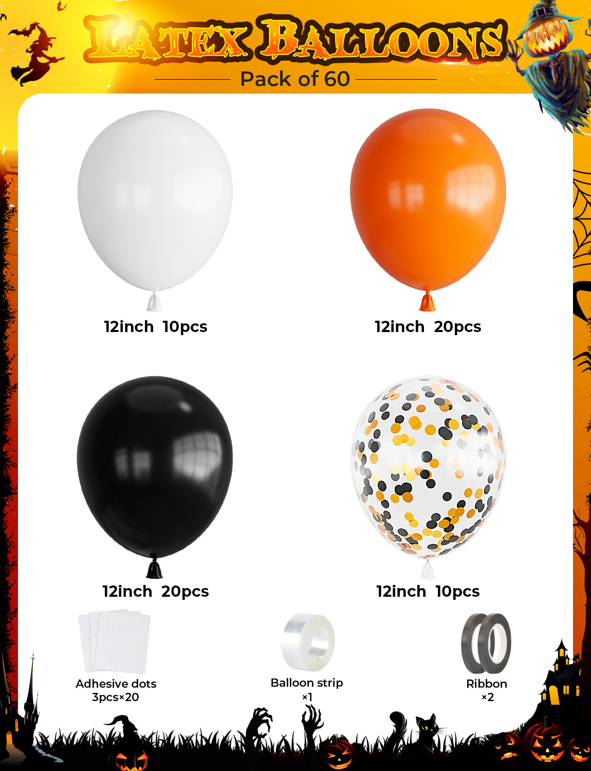 Adeyoo Halloween Balloons Orange and Black Balloons Set,60 Pcs 12inch Latex Balloons Orange Black White Confetti Balloons for Birthday Halloween Trick or Treat Party Spooky Ghost Party Decoration