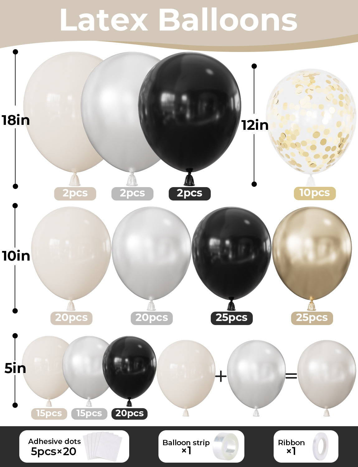 Black Gold White Balloon Arch Garland Kit - Double Stuffed Pearl White Balloons with Black, Gold & Confetti Balloons for Wedding, Bridal Shower, Birthday, Graduation Party Decorations