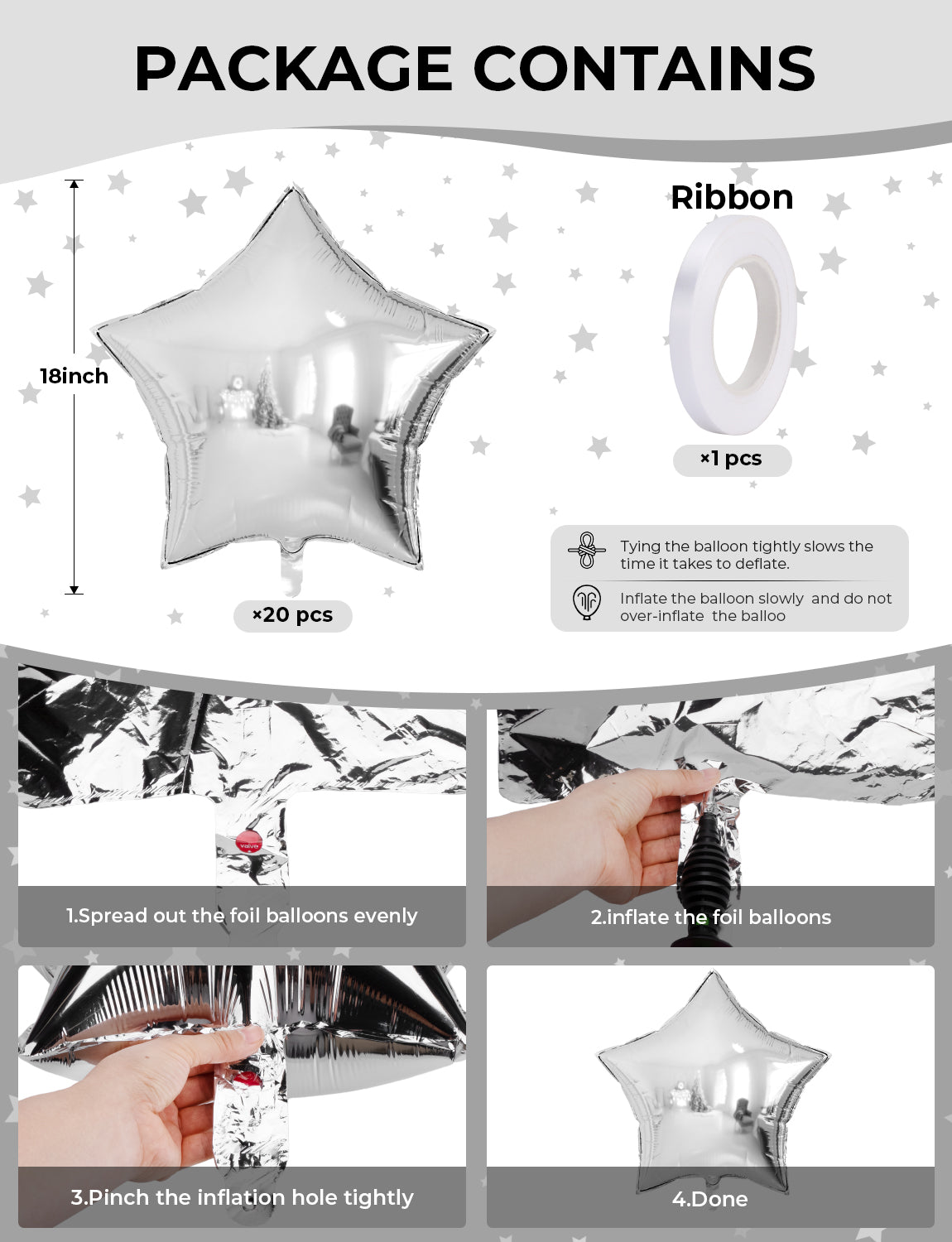 Adeyoo Star Balloons,20 Pcs Silver Foil Balloons Glitter Star Shape Balloons Large Mylar Balloons Helium Balloons for Halloween Christmas Birthday Wedding Party Decorations (18 Inch)