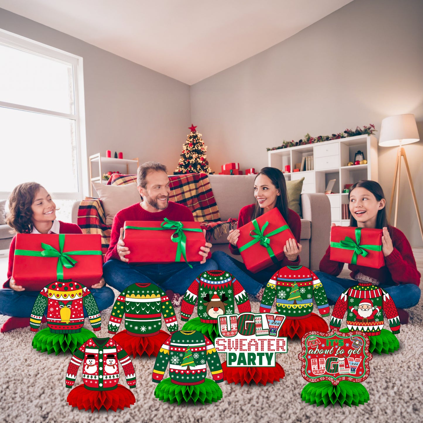 Ugly Sweater Christmas Honeycomb Centerpiece,9Pcs Christmas Table Centerpieces,Ugly Sweater Decorations 3D Xmas Table Topper Christmas Party Centerpieces for Xmas Holiday Party Supplies