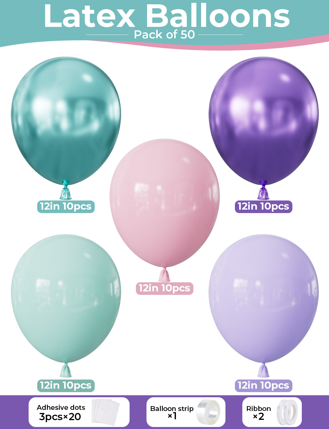 Adeyoo Mermaid Balloons - 12Inch Mermaid Party Balloons Purple Pink Teal Balloon Glitter Metallic Purple Green Latex Balloon for Girls Mermaid Birthday Baby Shower Sea Theme Party Decorations