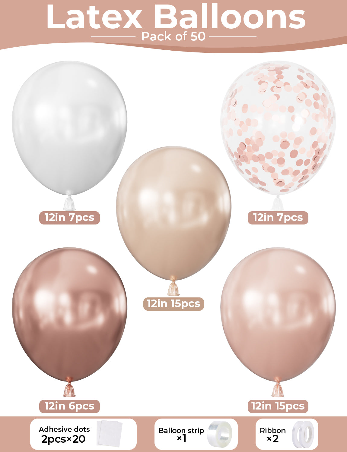 Adeyoo Rose Gold Balloons - 50 Pcs 12 Inch Rose Gold and White Balloons with Glitter Confetti Balloon, Elegant Birthday Balloon for Women Girls Birthday Wedding Bridal Shower Party Decorations