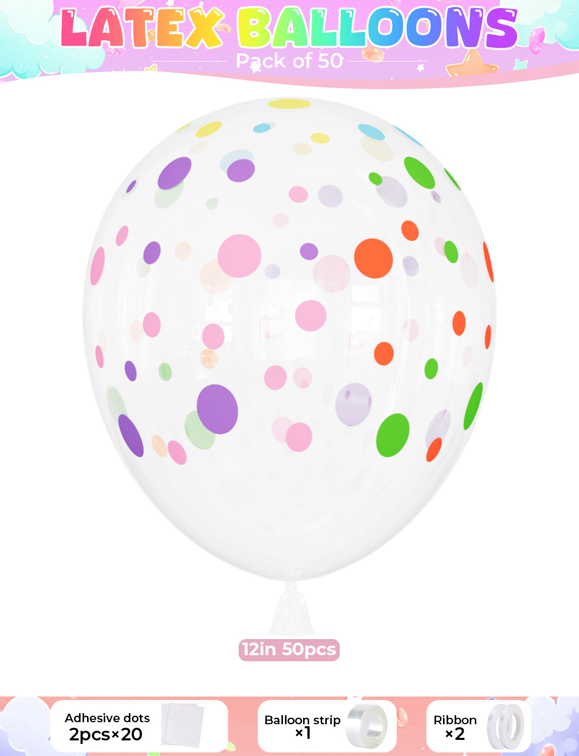 50 Pcs Polka Dot Balloons - 12 Inch Clear Balloons with Pastel Dots Colourful Polka Dot Balloons Multicoloured Rainbow Transparent Balloons for Birthday Wedding Rainbow Theme Party Decorations