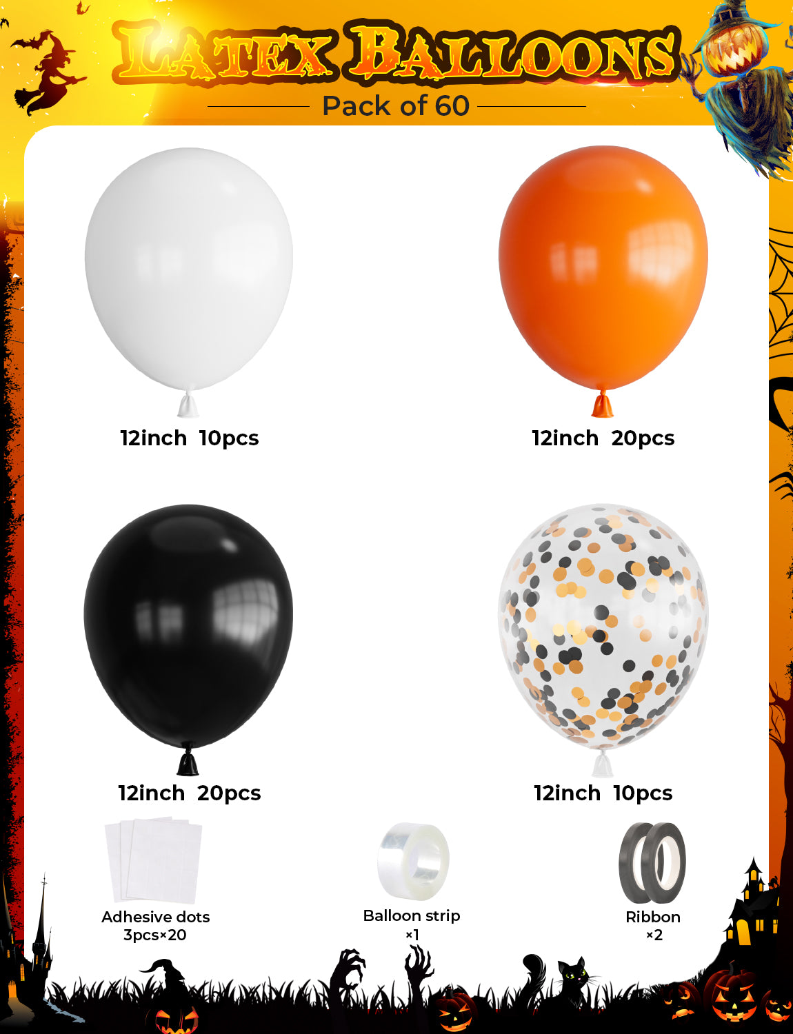 Adeyoo Halloween Balloons Orange and Black Balloons Set,60 Pcs 12inch Latex Balloons Orange Black White Confetti Balloons for Birthday Halloween Trick or Treat Party Spooky Ghost Party Decoration