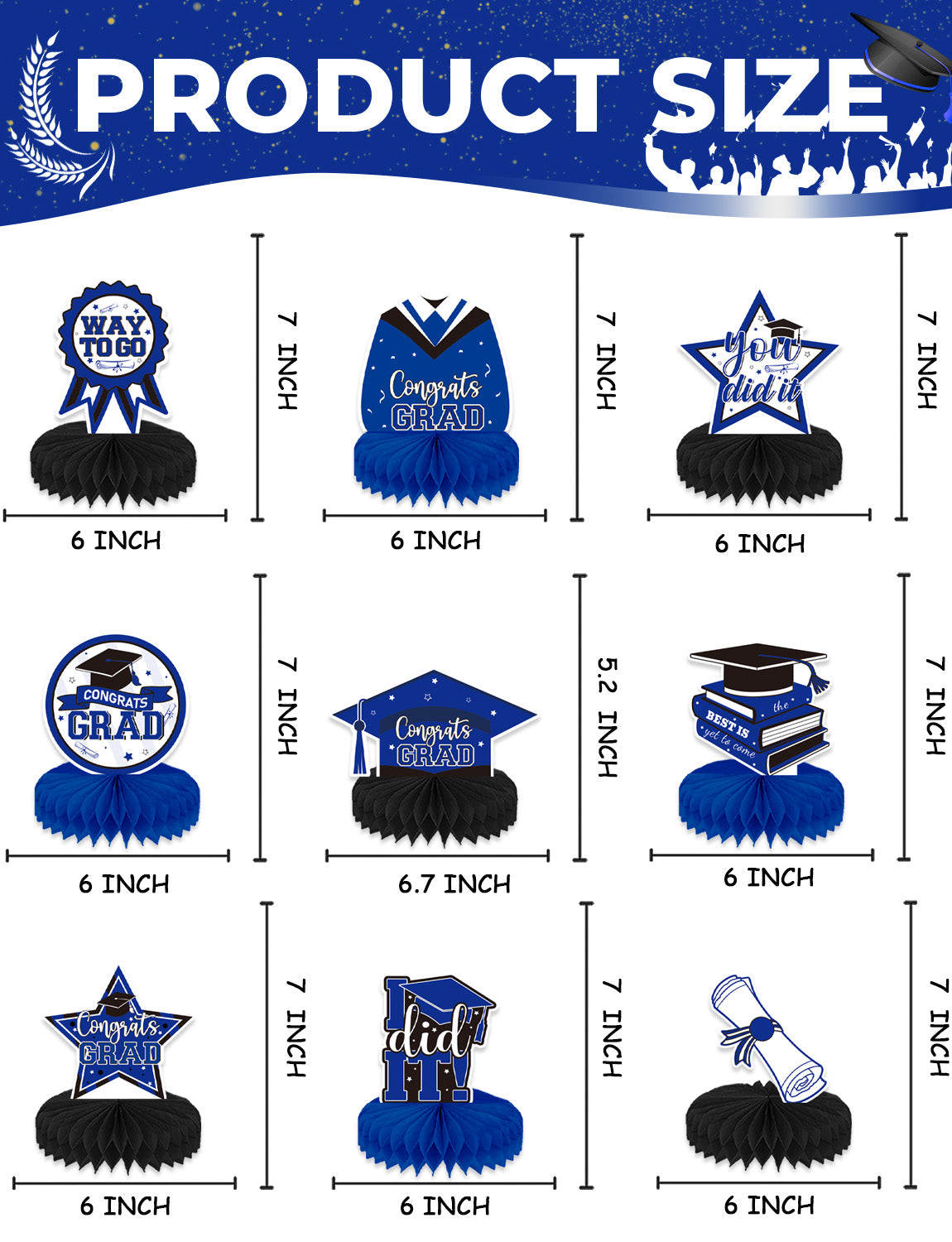 Adeyoo 9Pcs Graduation Table Decorations, Blue and Black Graduation Centerpieces for Tables Congrats Grad Honeycomb Centerpieces Congratulate Table Toppers Grad Party Decorations, Class of 2025 Decor