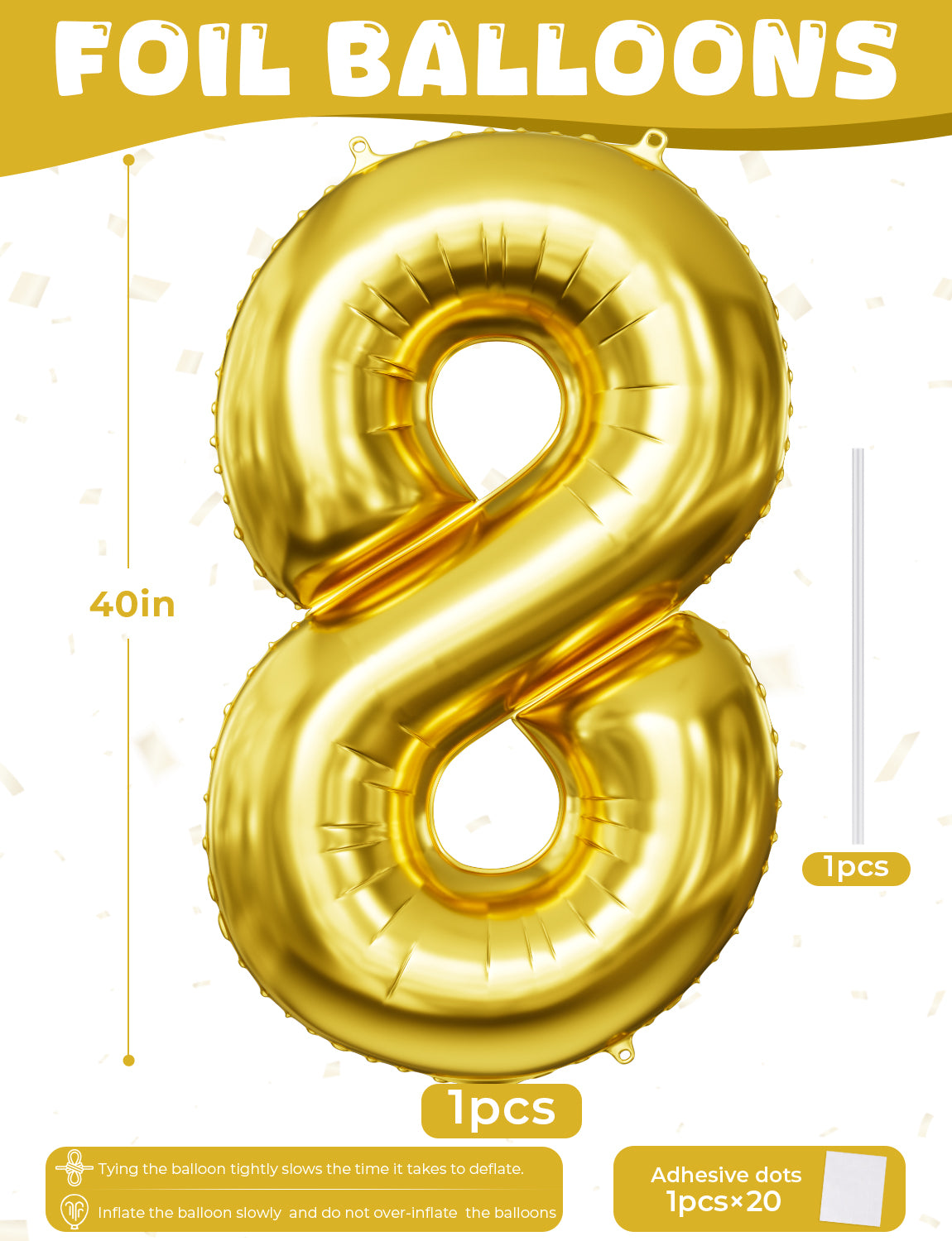 Gold Number 8 Balloon – 40 Inch Giant Foil Number Balloon, Gold Number Balloons for Men Women Boys Girls Birthday Graduation Anniversary Party Decorations