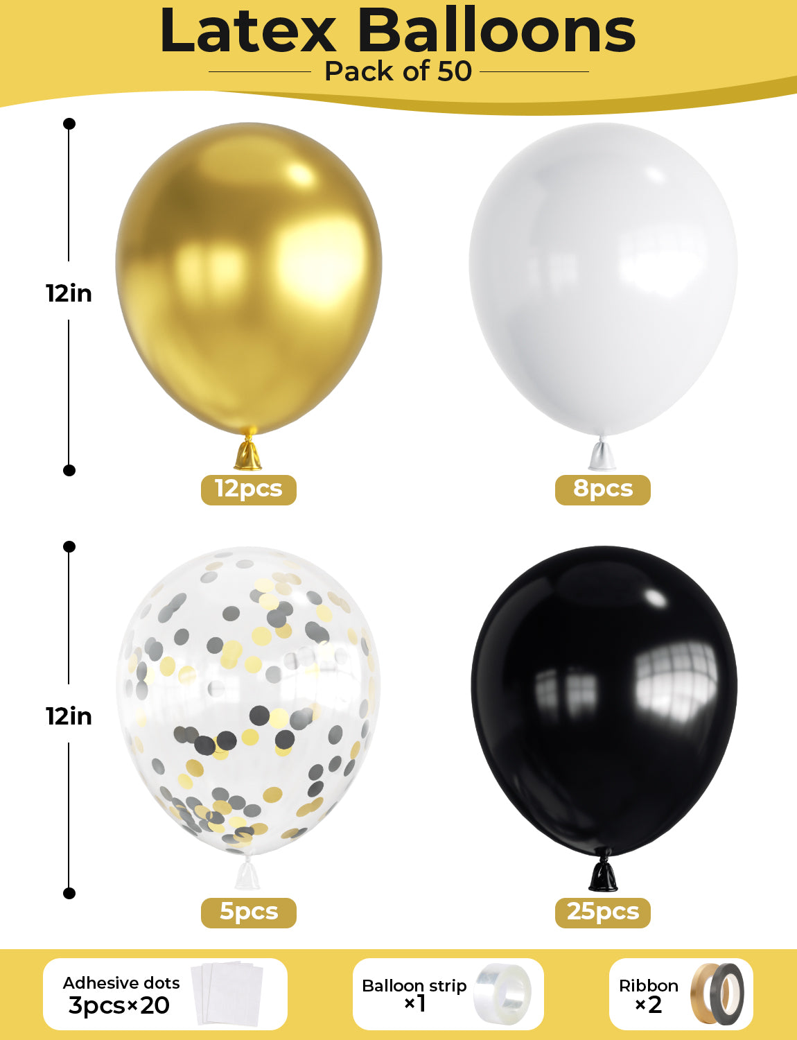 Adeyoo Black and Gold Balloons - 12 Inch Congratulations Balloons with Black Gold White Latex Balloon Glitter Confetti Balloon for Congratulations Birthday Wedding Retirement Party Decorations