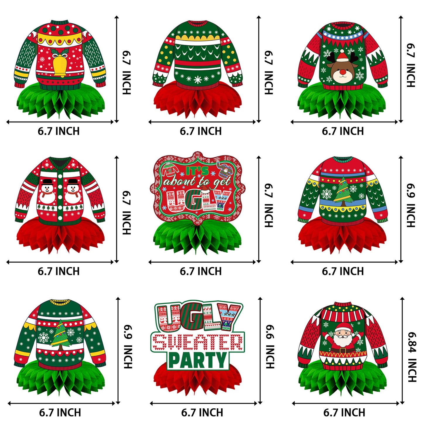 Ugly Sweater Christmas Honeycomb Centerpiece,9Pcs Christmas Table Centerpieces,Ugly Sweater Decorations 3D Xmas Table Topper Christmas Party Centerpieces for Xmas Holiday Party Supplies