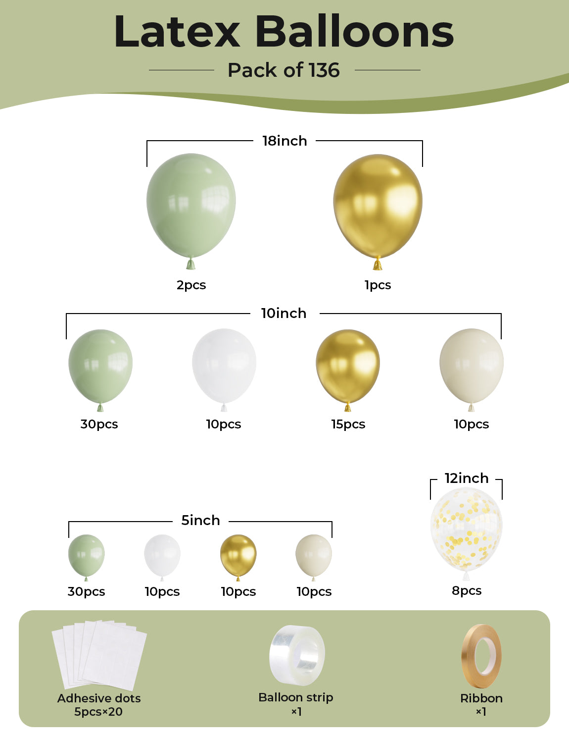 Sage Green Balloon Garland Arch Kit,136Pcs Latex Balloons Green and White Balloons Metallic Gold Confetti Balloons Different Sizes 18 10 5 Inch for Birthday Baby Shower Jungle Safari Party Decorations
