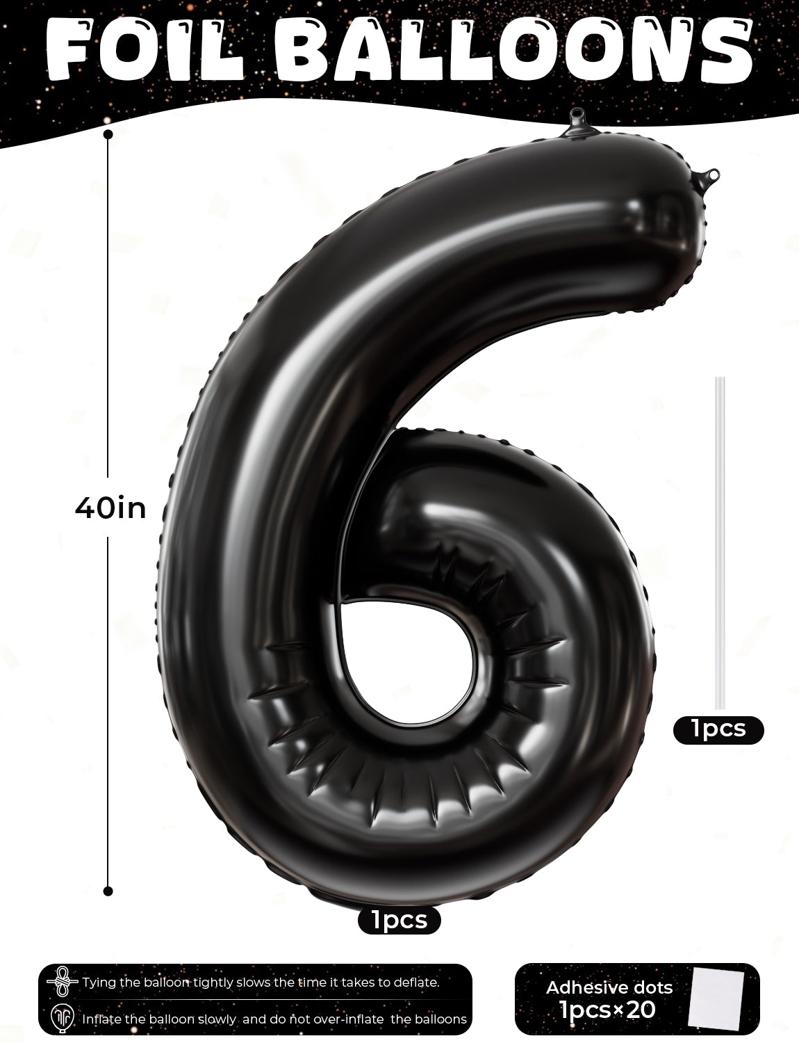 Adeyoo Black Number 6 Balloons – 40 Inch Giant Foil Number Balloon, Black Number Balloon for Men Women Boys Girls Birthday Graduation Anniversary Party Decorations