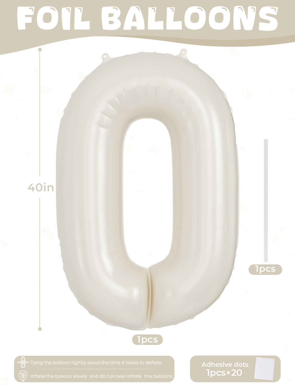 Adeyoo Cream Number 0 Balloons - 40 Inch Number Balloons Big Light Cream Foil Balloon, Mylar balloon for Birthday Anniversary Baby Shower Party Decorations