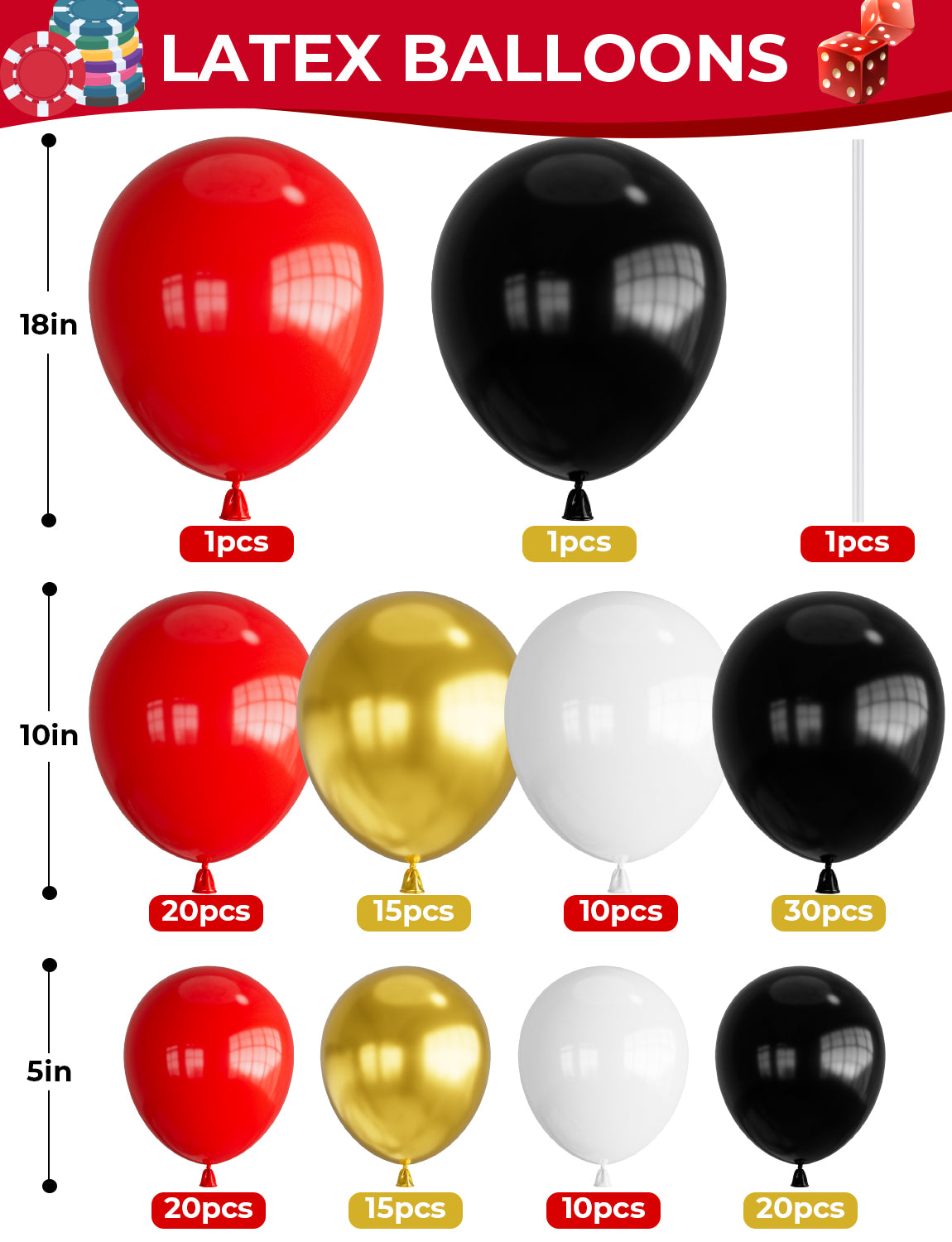 Adeyoo Casino Balloon Arch Garland Kit,149Pcs Casino Balloons Set Red Black and Gold Balloons with Dice, Starburst Foil Balloons for Casino Birthday Las Vegas Game Night Poker Theme Party Decorations
