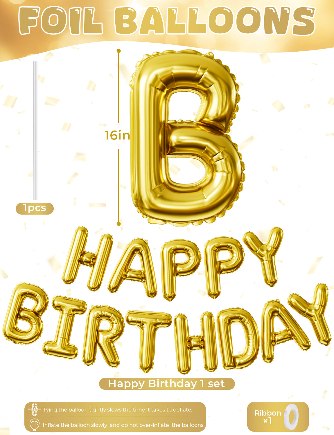 Adeyoo Gold Happy Birthday Balloon Banner - 16 Inch Happy Birthday Foil Balloon Big Letter Balloons Self Inflating Hbd Sign Balloons for Boys Girls Women Men Birth Party Decorations