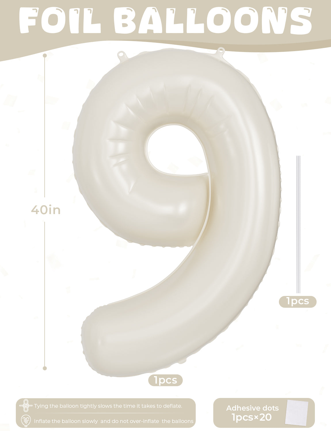 Adeyoo Number 9 Balloons - 40 Inch Cream Number Balloons Giant Light Cream balloon Big Foil balloon for Birthday Anniversary Baby Shower Party Decorations