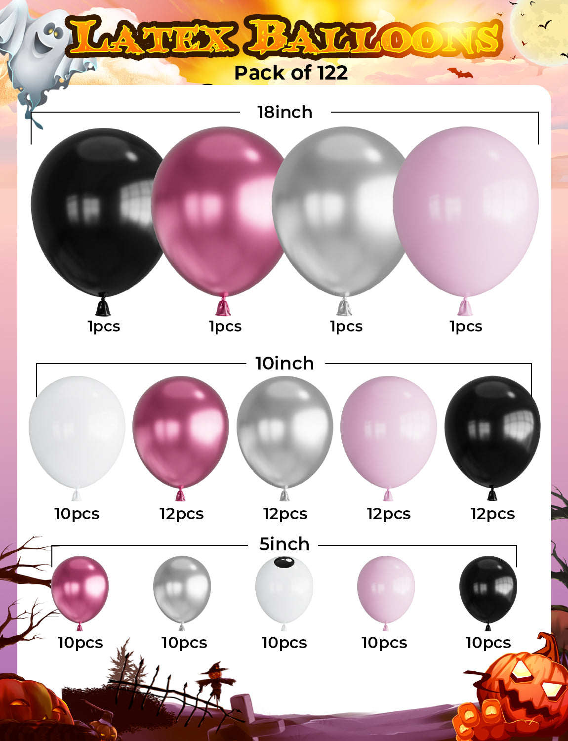 Adeyoo Black Pink Halloween Balloon Garland Arch Kit,122Pcs Halloween Balloons Metallic Red Silver Balloons Large Boo Ghost Foil Balloons Spider Balloons for Girl Birthday Baby Shower Party Decoration