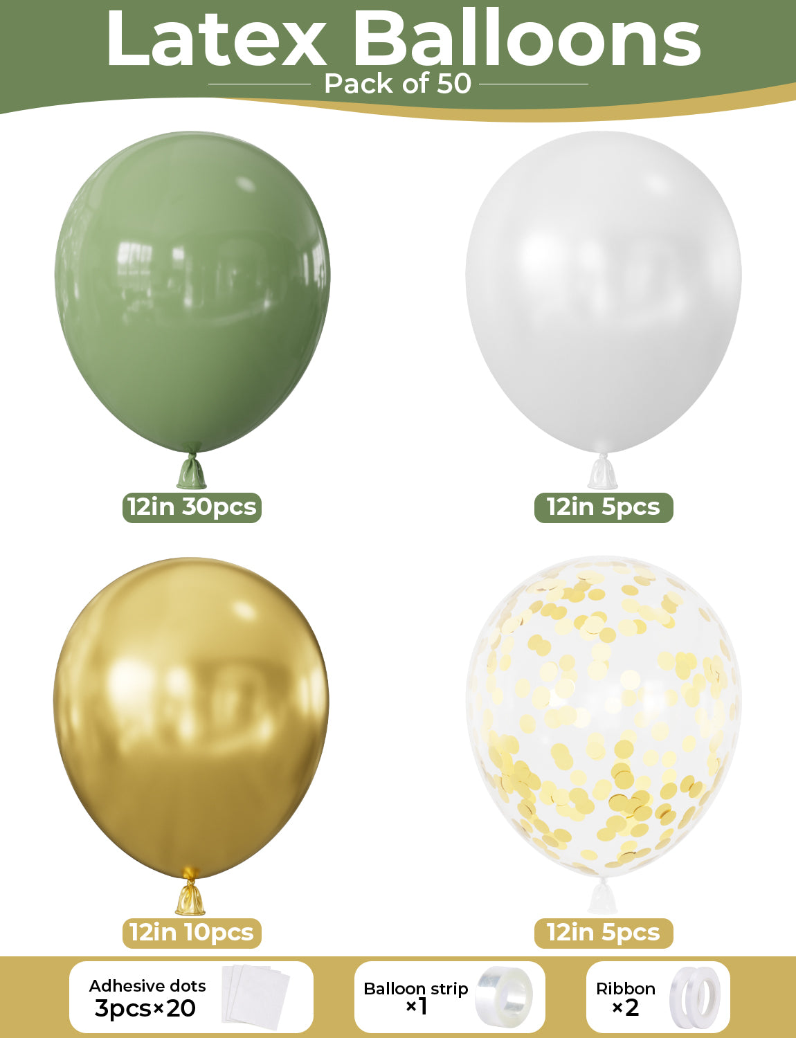 Adeyoo Sage Green and Gold Balloons - 12 Inch Sage Green Balloons, Gold and White Balloon with Latex Confetti Balloon for Birthday Wedding Jungle Baby Shower Safari Forest Party Decorations
