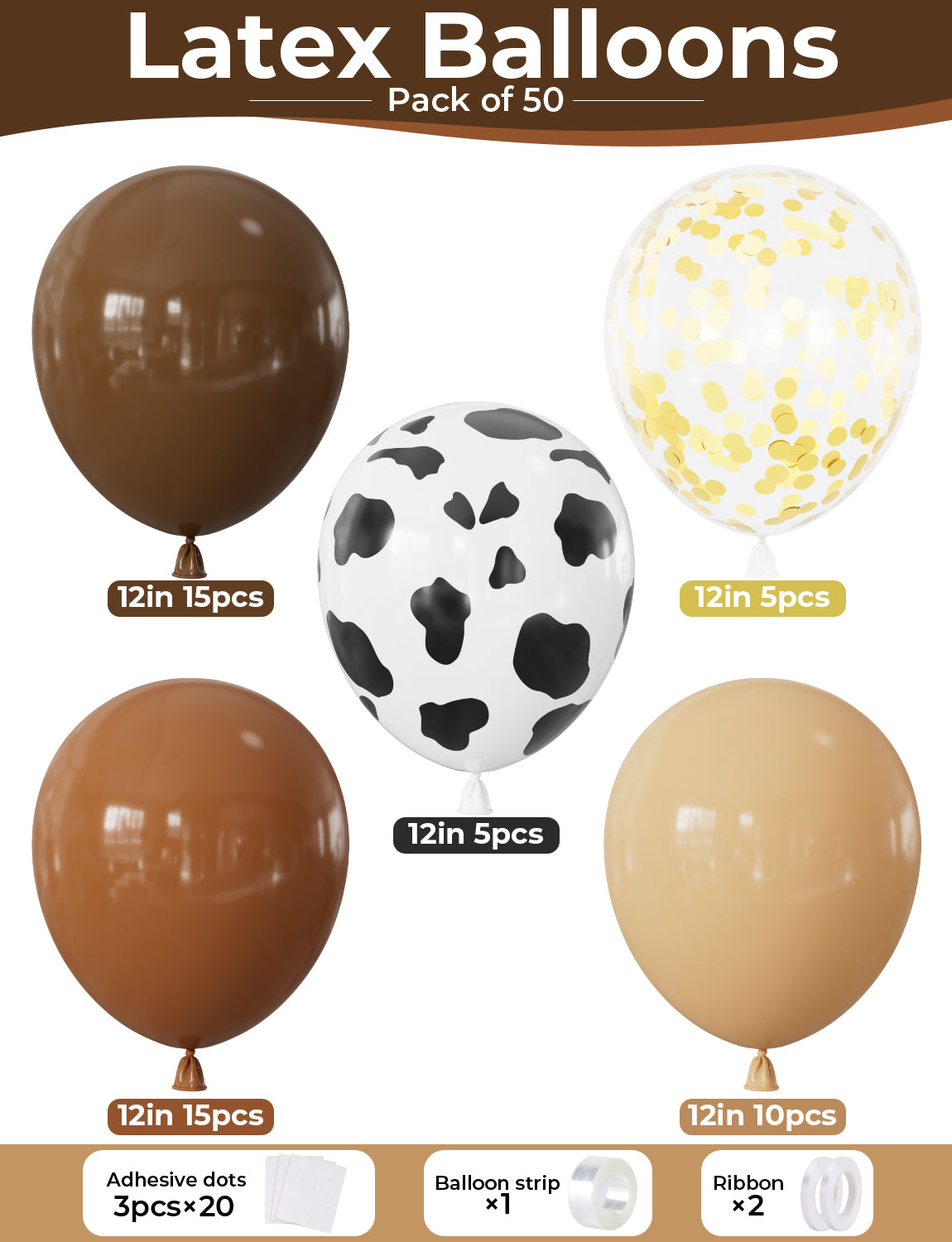 Adeyoo Blush Brown Balloons - 12 Inch Cowboy Balloons with Cow Print Balloon, Tan Coffee Brown Nude Gold Confetti Latex Balloon for Cowboy Cowgirl Birthday Farm Theme Party Decorations