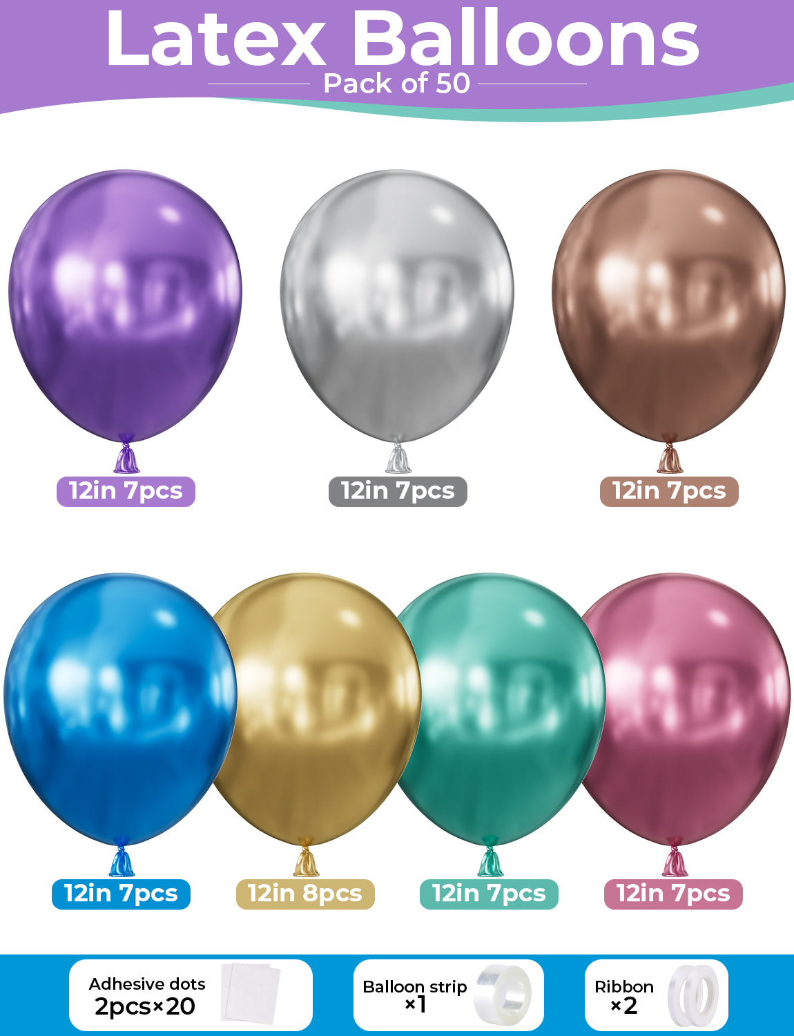 Assorted Metallic Balloons - 12 Inch Colourful Balloons for Party 50Pcs Multicoloured Metallic Balloons in 7 Colours for Birthday Baby Shower Beautiful Wedding Rainbow Theme Party Decorations