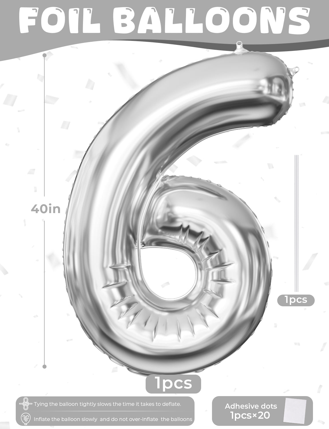 Silver Number 6 Balloon – 40 Inch Giant Foil Number Balloon, Silver Number Balloons for Men Women Boys Girls Birthday Graduation Anniversary Party Decorations