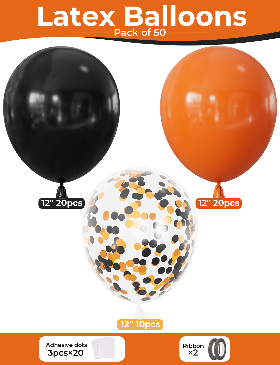 Black and Orange Balloons with Confetti Balloons for Halloween Party 50Pcs 12Inch Orange and Black Latex Balloons with Ribbon Halloween Balloons for Birthday Halloween Spooky Party Decorations