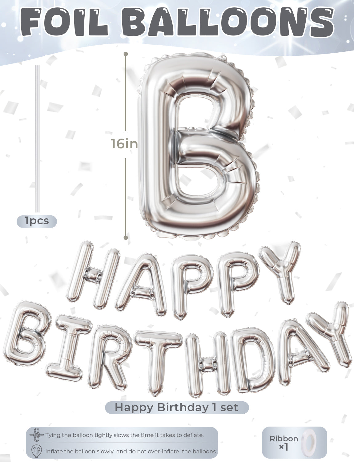 Adeyoo Silver Happy Birthday Balloon Banner - 16 Inch Happy Birthday Foil Balloon Big Letter Balloons Self Inflating Hbd Sign Balloons for Boys Girls Women Men Pet Birth Party Decorations