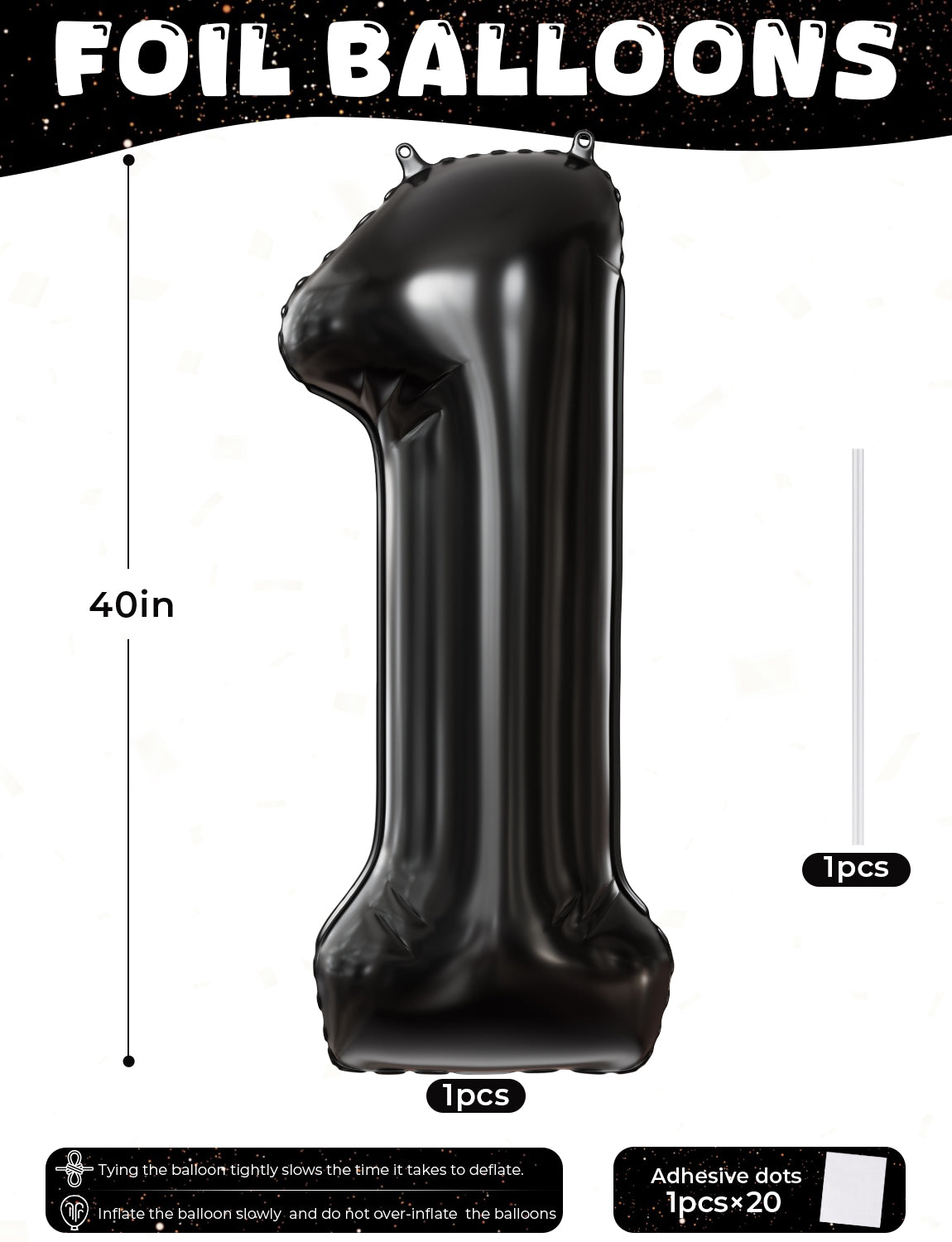Adeyoo Black Number 1 Balloons – 40 Inch Giant Foil Number Balloon, Black Big Number Balloon for Men Women Boys Girls Birthday Graduation Anniversary Party Decorations