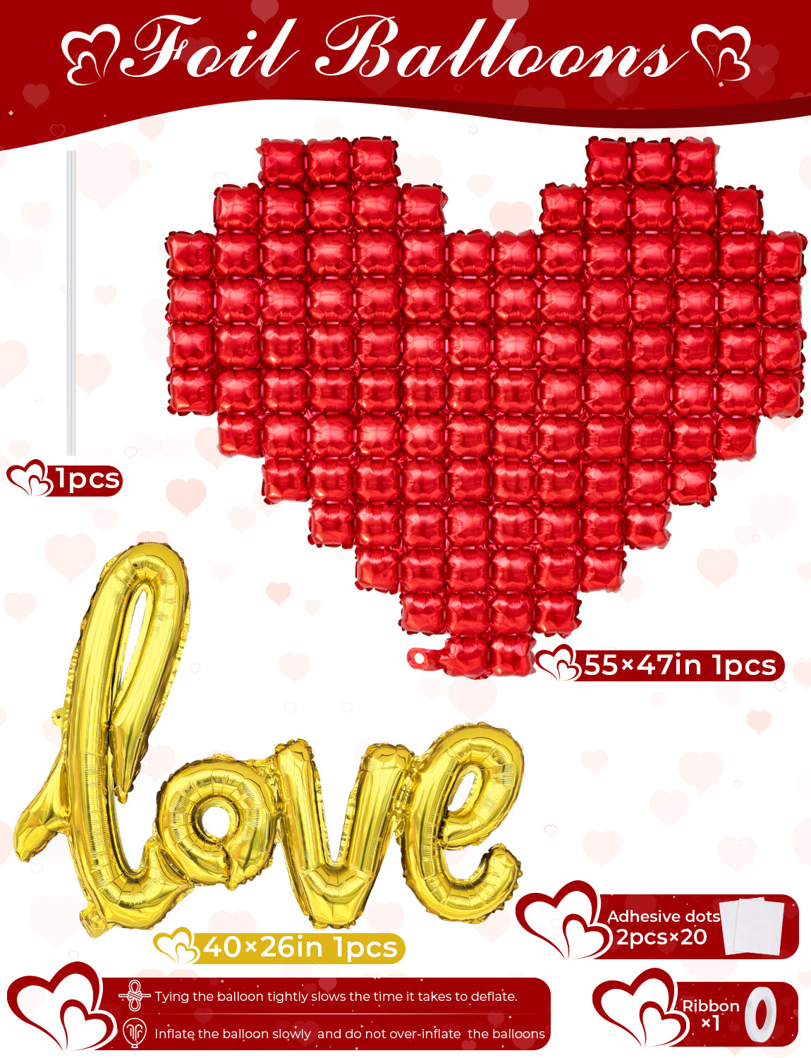 Heart Balloons and Love Balloons, 55 Inch Foil Balloon Set with Gold Love Banner, Red Heart Shaped Balloon for Wedding Anniversary Romantic Decorations Special Night Party Supplies