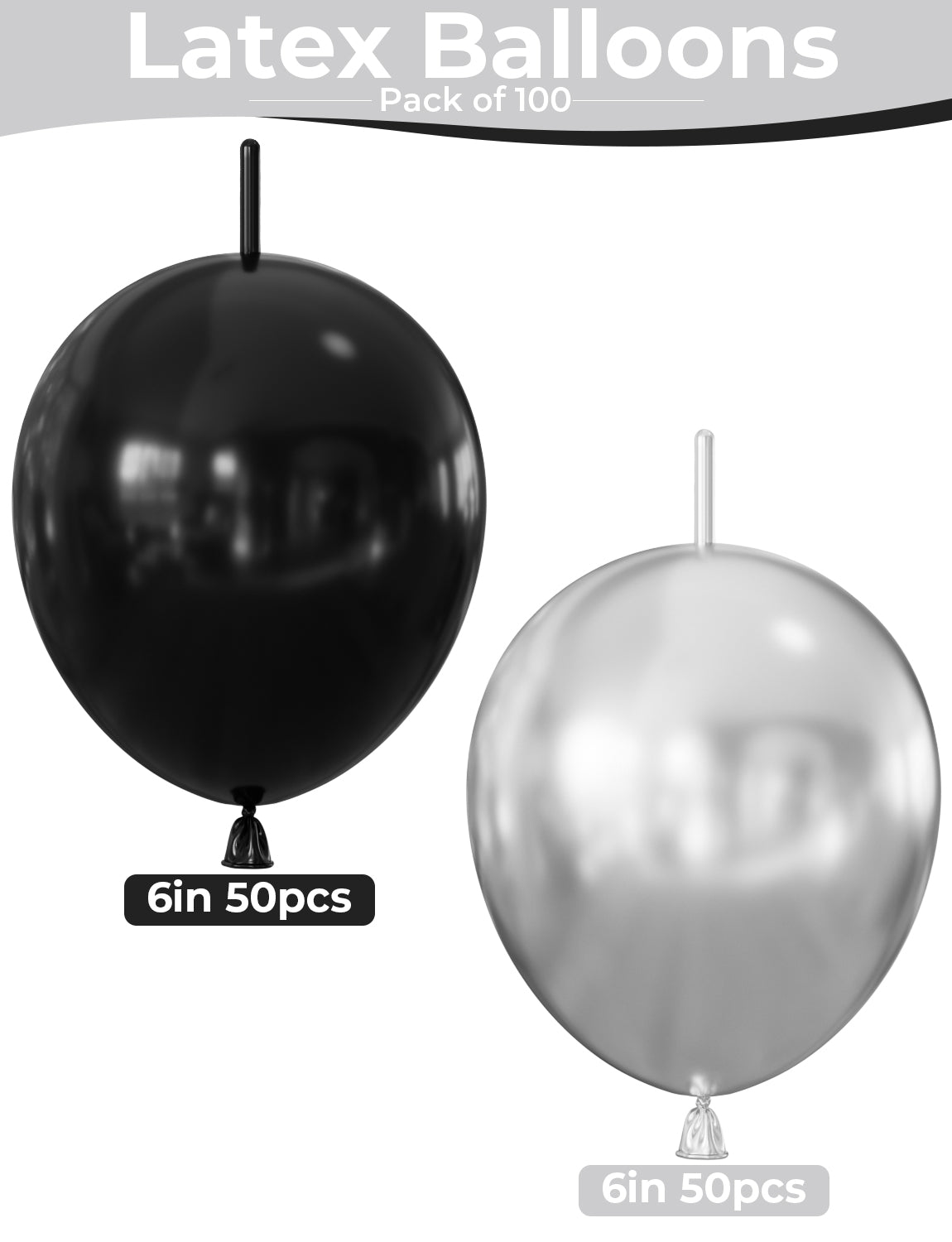 Black and Silver Linking Balloons, 100 Pcs 6 Inch Quick Link Balloons for Balloon Arch, Chain & Wall Decorations, Birthday, Graduation & Anniversary Party Decor