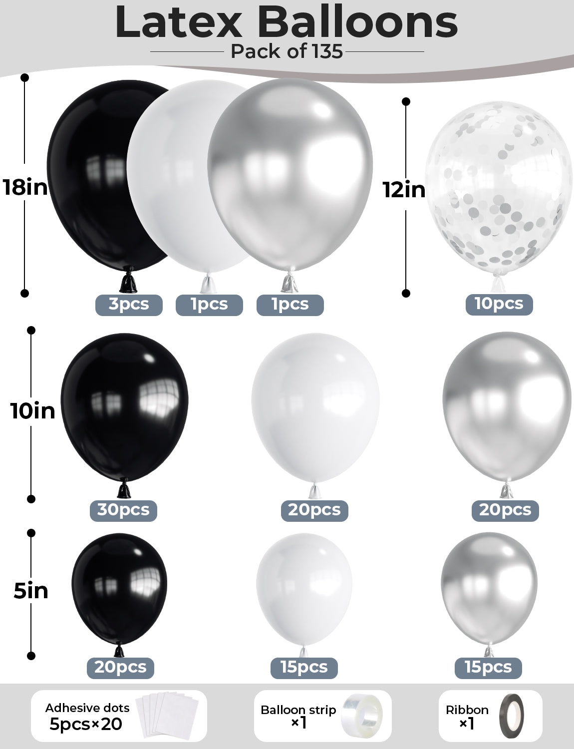 Black White Silver Balloon Arch Kit Garland - 135Pcs Black and White Balloon Arch, Metallic Silver Latex Confetti Balloons for Birthday Baby Shower Wedding Graduation Anniversary Party Decorations
