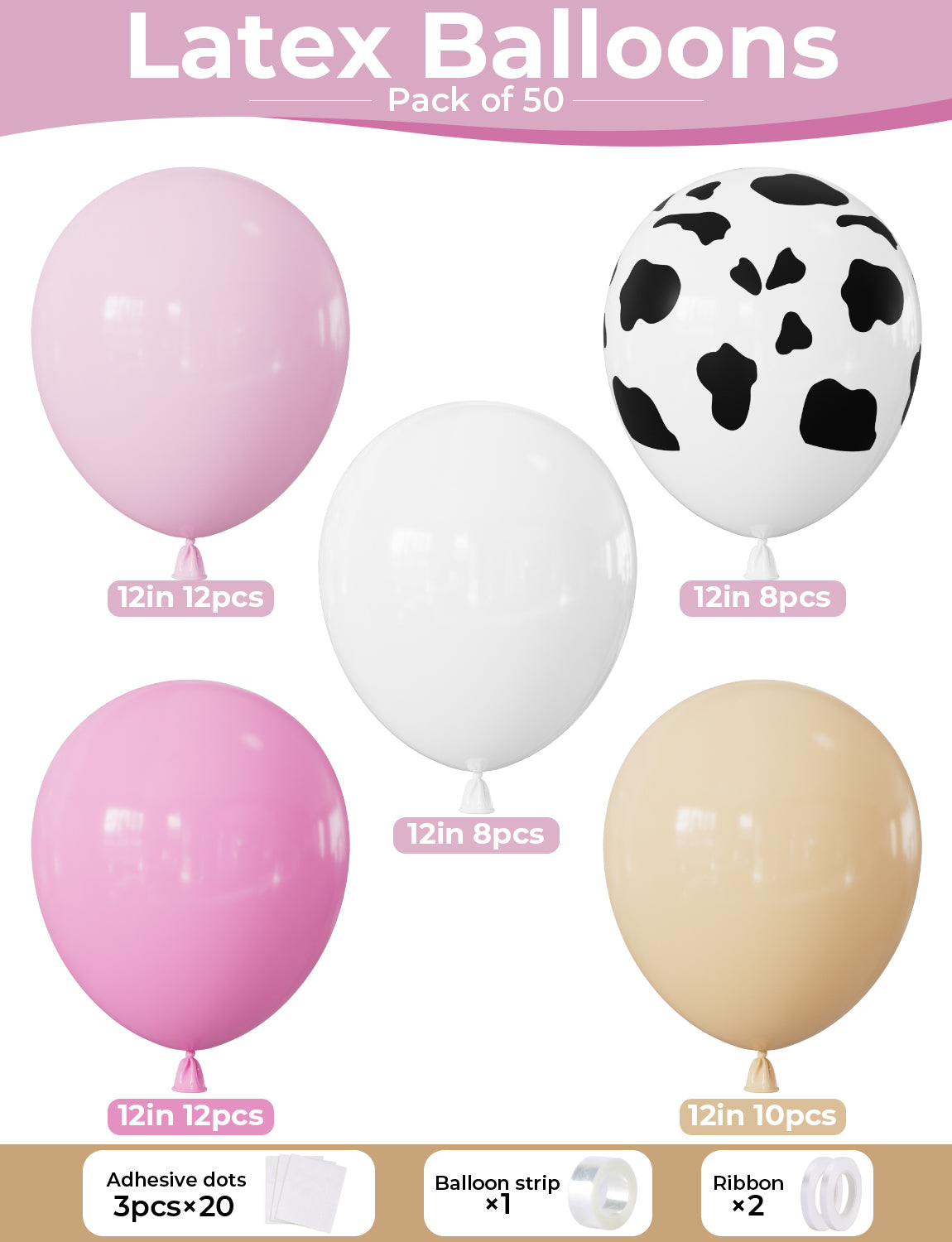Adeyoo Cow Print Balloons, 12 Inch Pink Cow Balloons, 50PCS Pastel Pink, Nude & White Latex Balloon for Girl Baby Shower Birthday Farm Theme Party Decorations